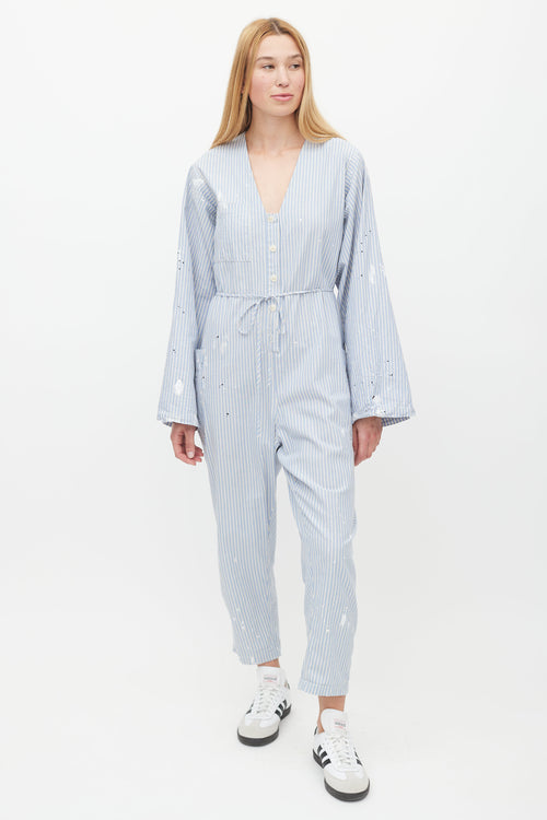 Raquel Allegra Blue & White Striped Distressed Jumpsuit
