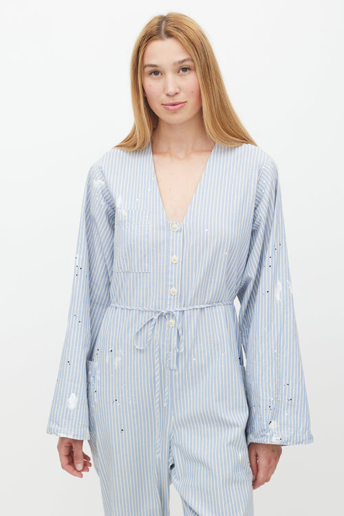 Raquel Allegra Blue & White Striped Distressed Jumpsuit