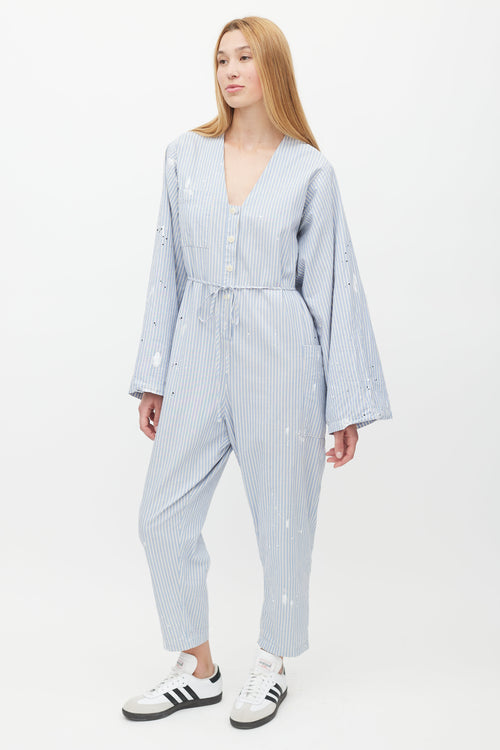 Raquel Allegra Blue & White Striped Distressed Jumpsuit