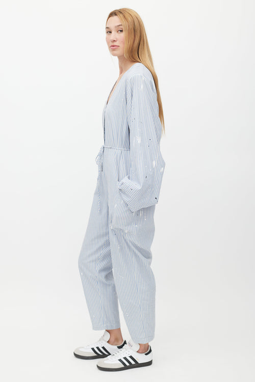 Raquel Allegra Blue & White Striped Distressed Jumpsuit