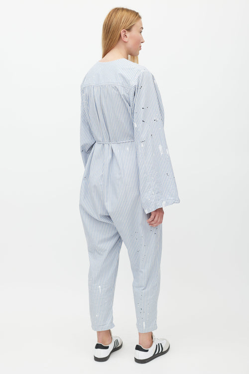 Raquel Allegra Blue & White Striped Distressed Jumpsuit