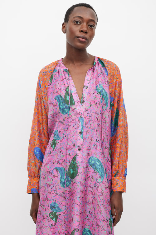 Raquel Allegra Pink & Multicolour Printed Button Up Dress