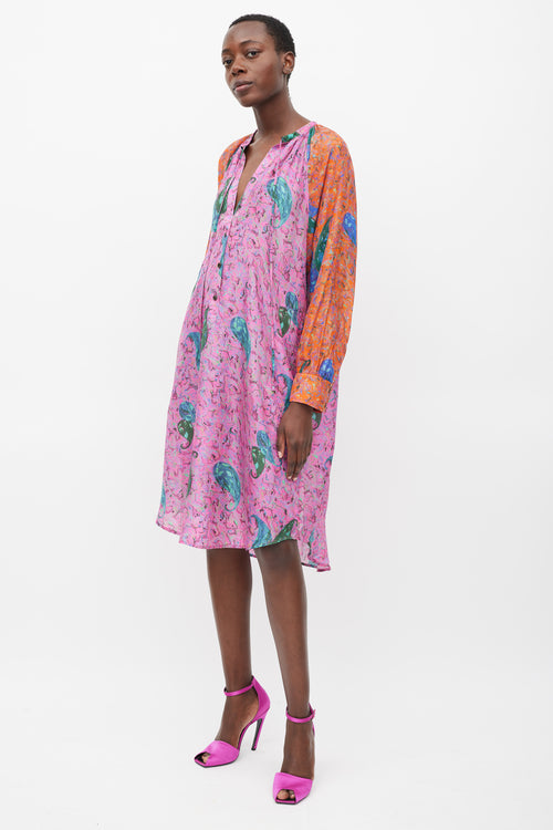 Raquel Allegra Pink & Multicolour Printed Button Up Dress