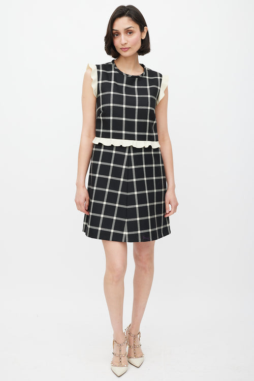 Red Valentino Black & Cream Wool Plaid Ruffled Dress
