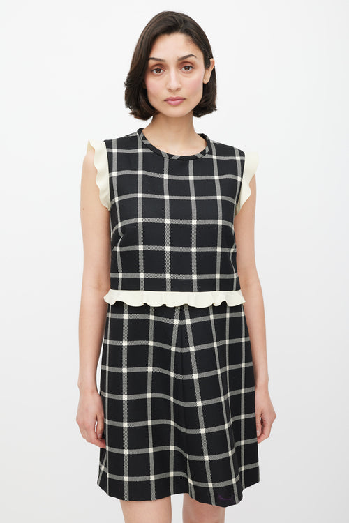 Red Valentino Black & Cream Wool Plaid Ruffled Dress