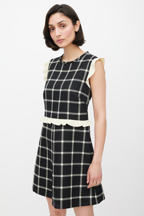 Red Valentino Black & Cream Wool Plaid Ruffled Dress