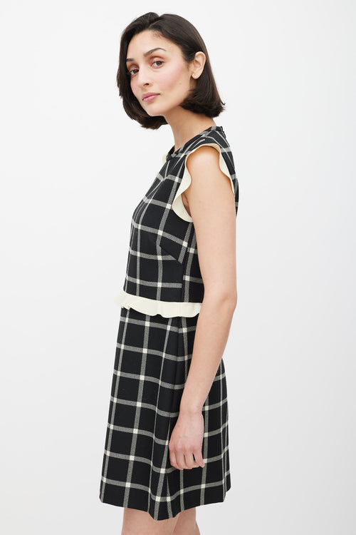 Red Valentino Black & Cream Wool Plaid Ruffled Dress