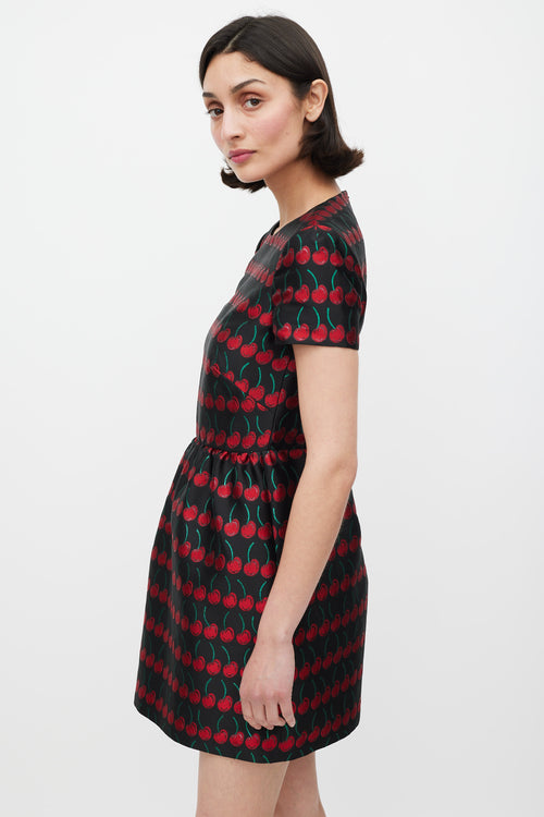 Red Valentino Black Red & Green Cherry Brocade Dress