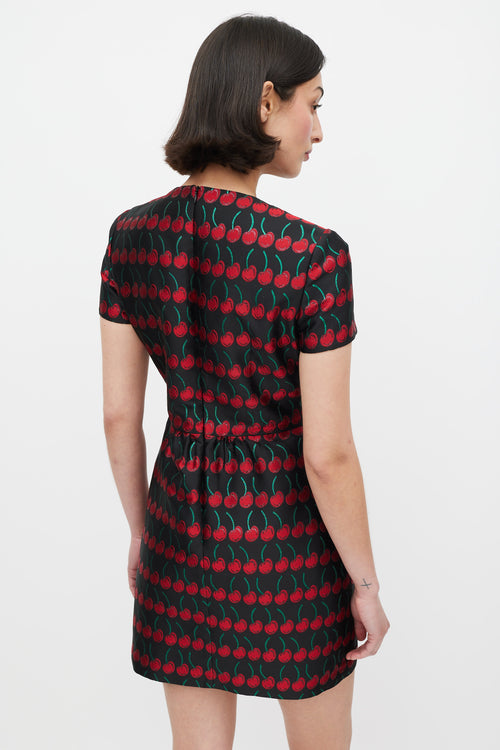 Red Valentino Black Red & Green Cherry Brocade Dress