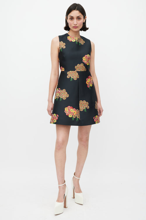 Red Valentino Black & Multicolour Floral Brocade A-Line Dress