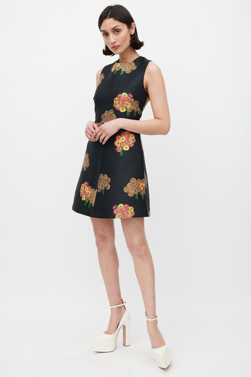 Red Valentino Black & Multicolour Floral Brocade A-Line Dress