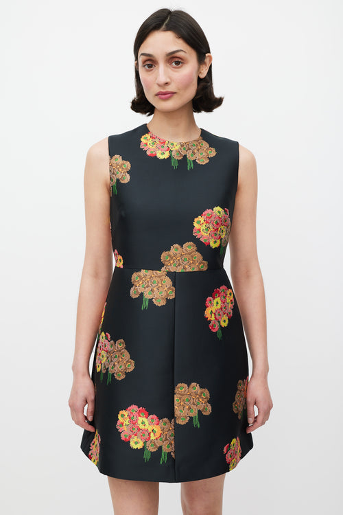 Red Valentino Black & Multicolour Floral Brocade A-Line Dress