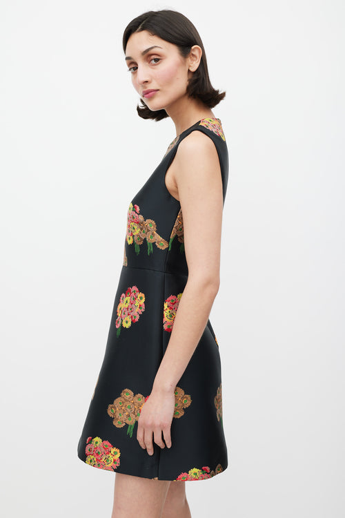 Red Valentino Black & Multicolour Floral Brocade A-Line Dress