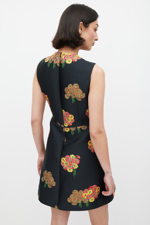 Red Valentino Black & Multicolour Floral Brocade A-Line Dress