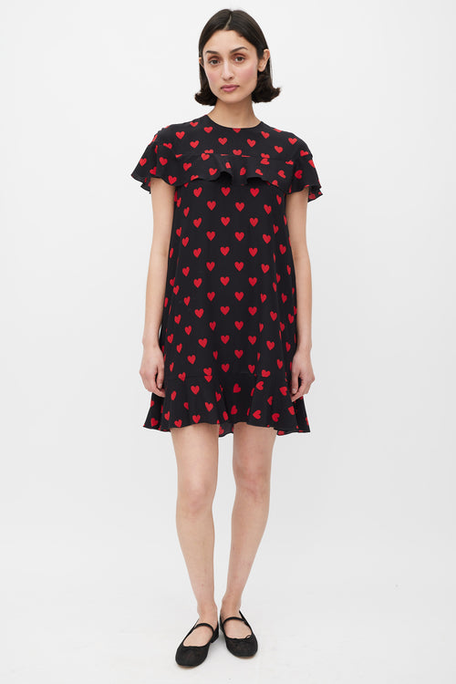 Red Valentino Black & Red Silk Heart Printed Dress
