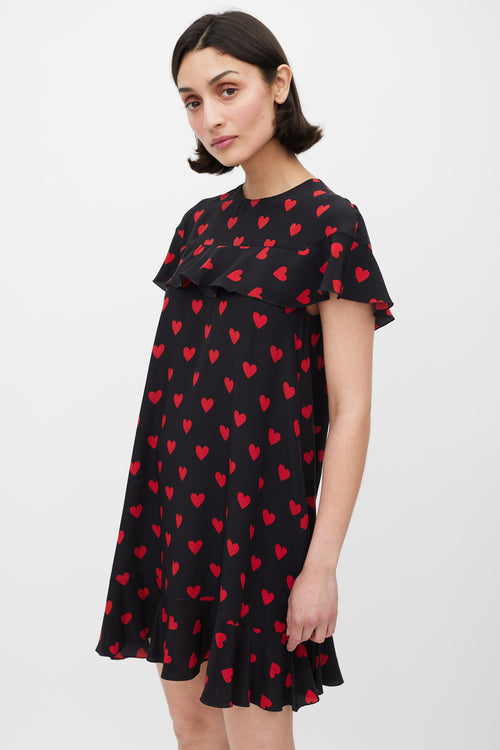 Red Valentino Black & Red Silk Heart Printed Dress