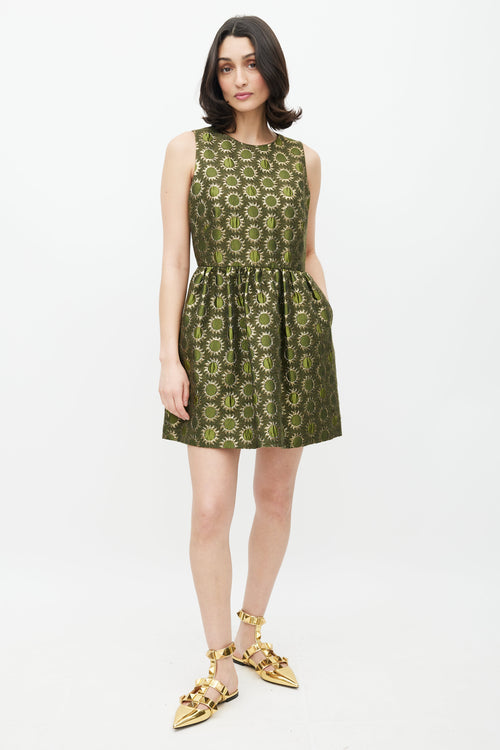 Red Valentino Green & Gold Sun Brocade Dress