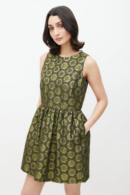 Red Valentino Green & Gold Sun Brocade Dress
