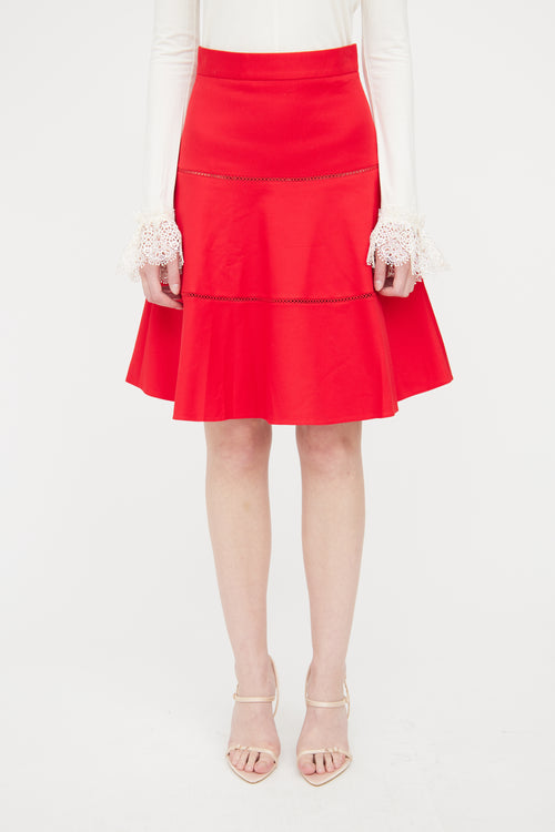 Red Valentino Red Eyelet Flared Skirt