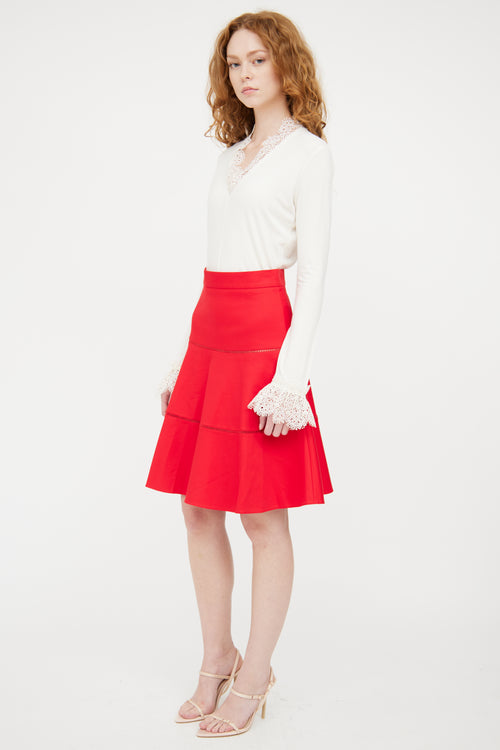 Red Valentino Red Eyelet Flared Skirt