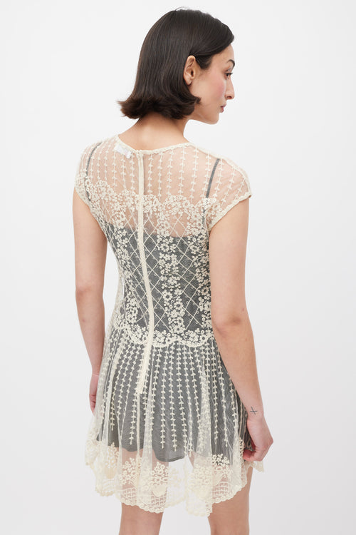 Red Valentino White & Black Floral Lace Overlay Dress