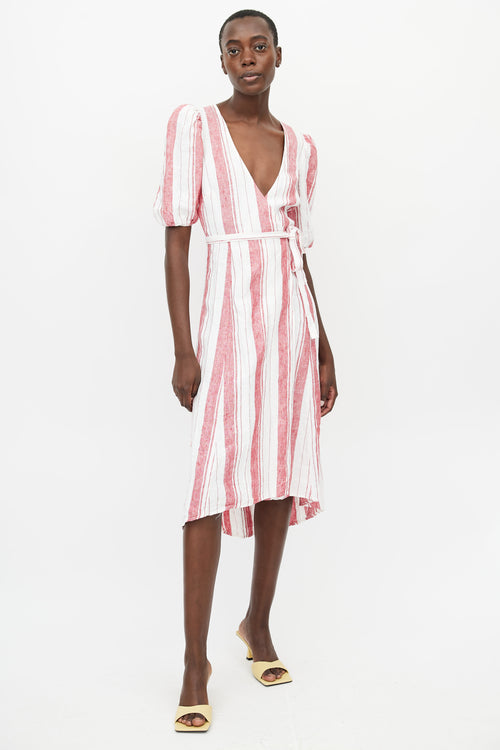 Reformation White & Red Linen Stripes Wrap Dress