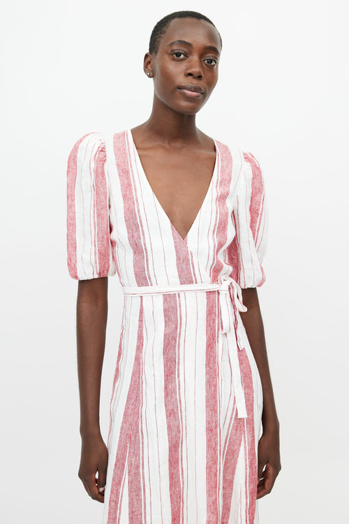 Reformation White & Red Linen Stripes Wrap Dress
