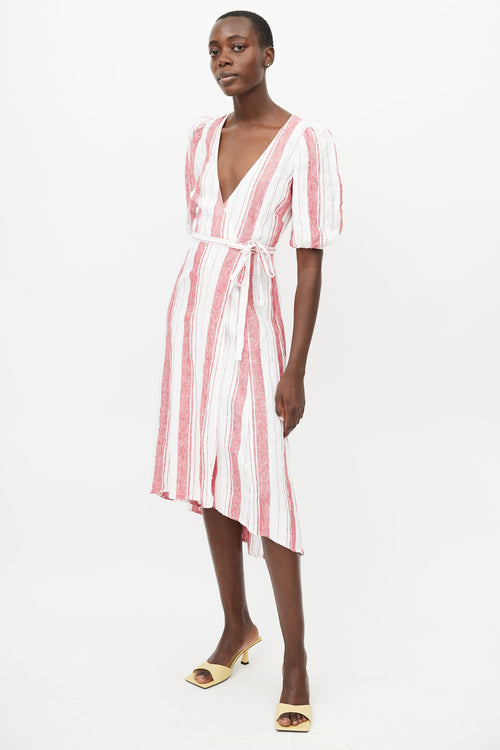 Reformation White & Red Linen Stripes Wrap Dress