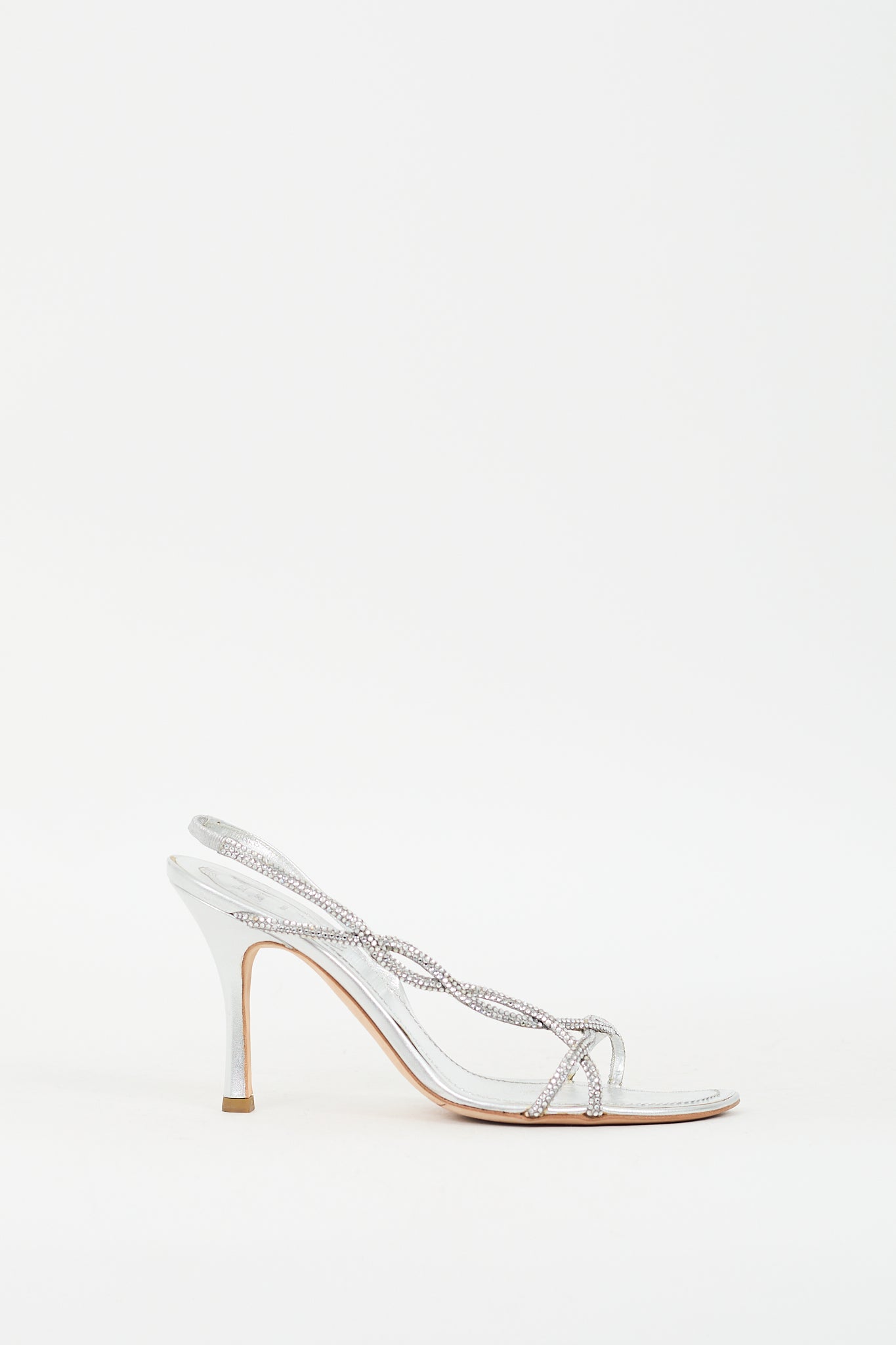 Rene Caovilla Silver Leather Rhinestone Slingback Heel
