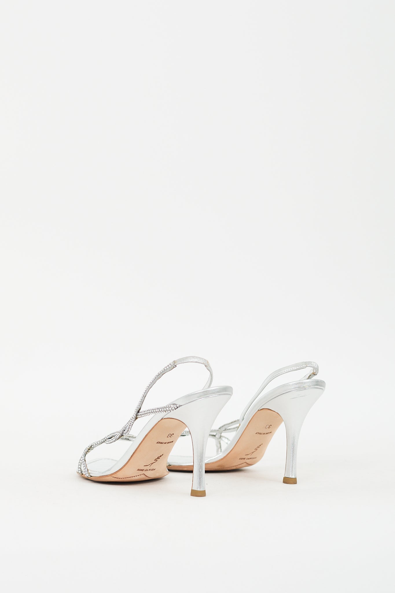 Rene Caovilla Silver Leather Rhinestone Slingback Heel