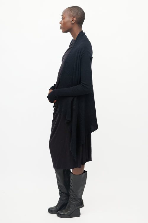 Rick Owens Black Knitted Ribbed Sleeve Open Cardigan