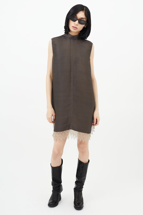 Rick Owens Brown Silk Ribbed & Lace Dress