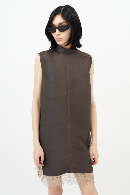Rick Owens Brown Silk Ribbed & Lace Dress
