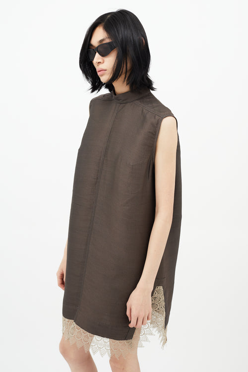 Rick Owens Brown Silk Ribbed & Lace Dress