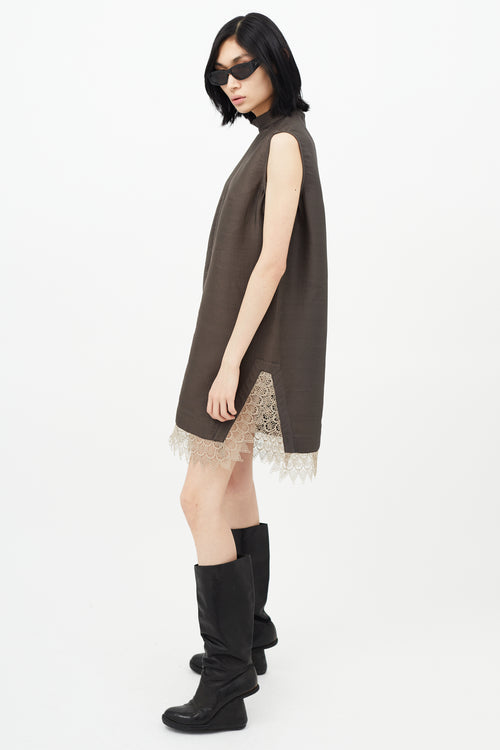 Rick Owens Brown Silk Ribbed & Lace Dress