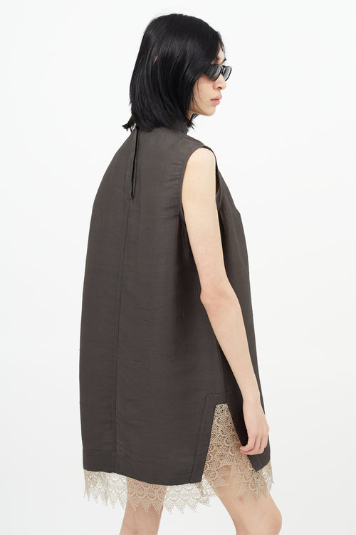 Rick Owens Brown Silk Ribbed & Lace Dress