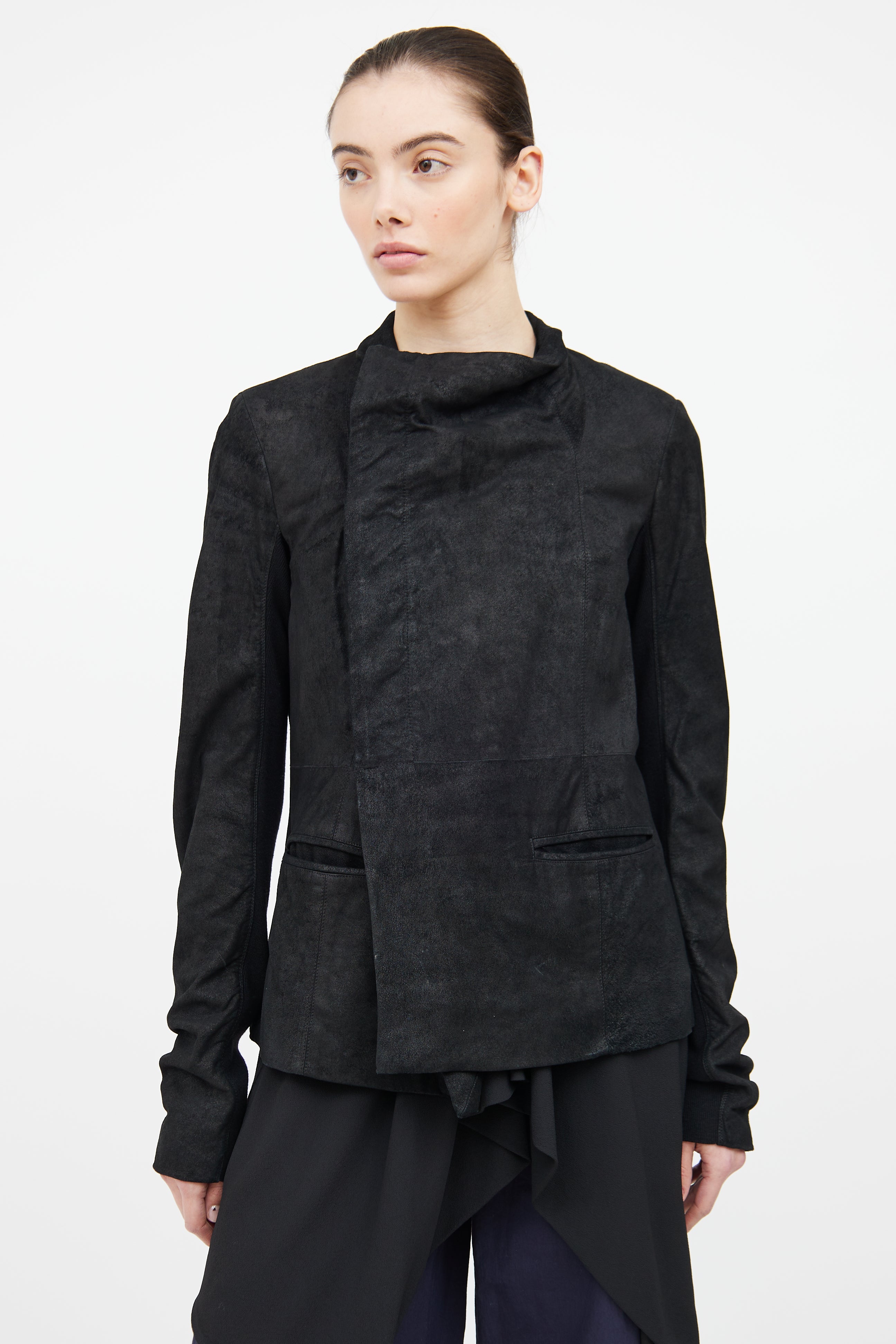 Black Leather Funnel Collar Jacket