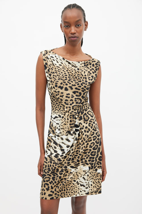 Roberto Cavalli Beige & Black Printed Pinned Dress
