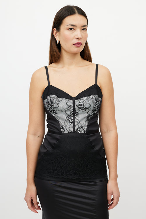 Roberto Cavalli Black & White Satin Lace Bustier Top