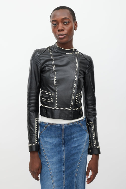 Roberto Cavalli Black & White Whipstich Leather Jacket