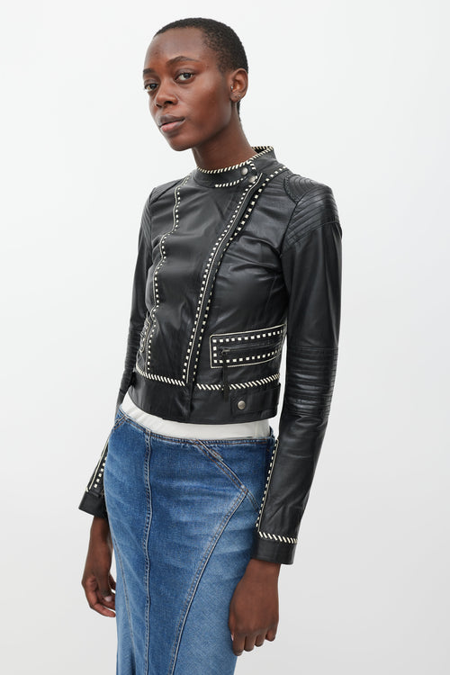 Roberto Cavalli Black & White Whipstich Leather Jacket