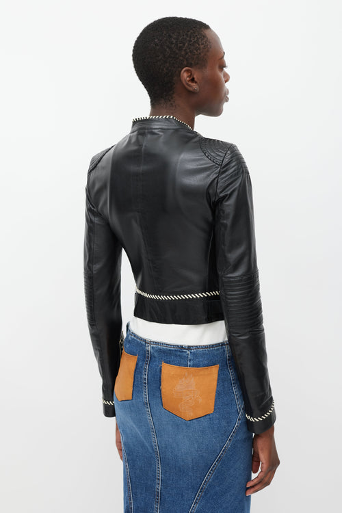 Roberto Cavalli Black & White Whipstich Leather Jacket