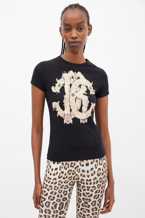 Roberto Cavalli Black & Yellow Ornate Logo T-Shirt