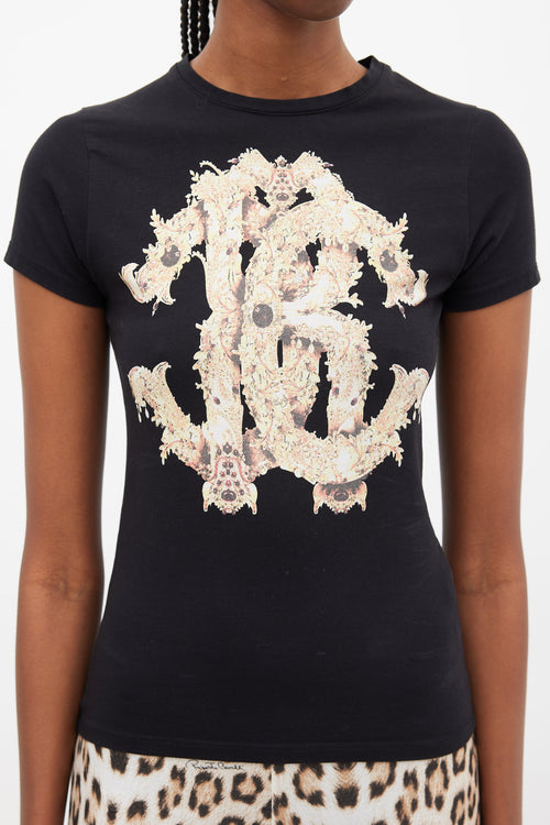 Roberto Cavalli Black & Yellow Ornate Logo T-Shirt