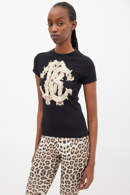 Roberto Cavalli Black & Yellow Ornate Logo T-Shirt