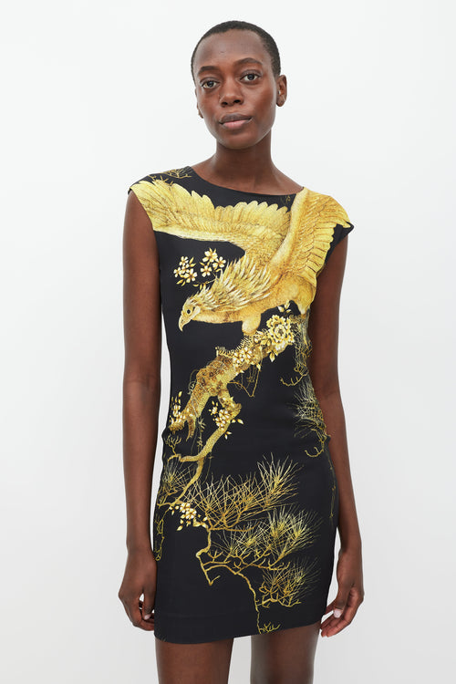 Roberto Cavalli Black & Yellow Printed Sheath Dress