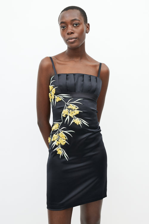 Roberto Cavalli Black & Yellow Silk Floral Embroidered Dress