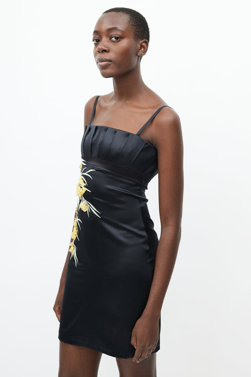 Roberto Cavalli Black & Yellow Silk Floral Embroidered Dress