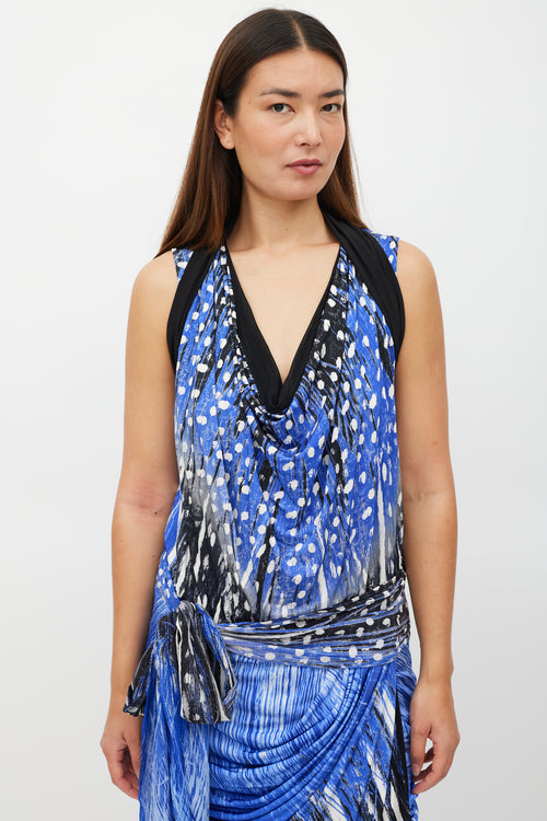 Roberto Cavalli Blue & Black Polka Dot Gathered Belted Dress