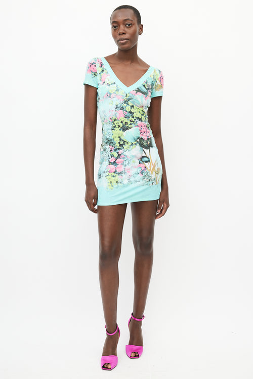Roberto Cavalli Blue & Multi Floral V-Neck Dress